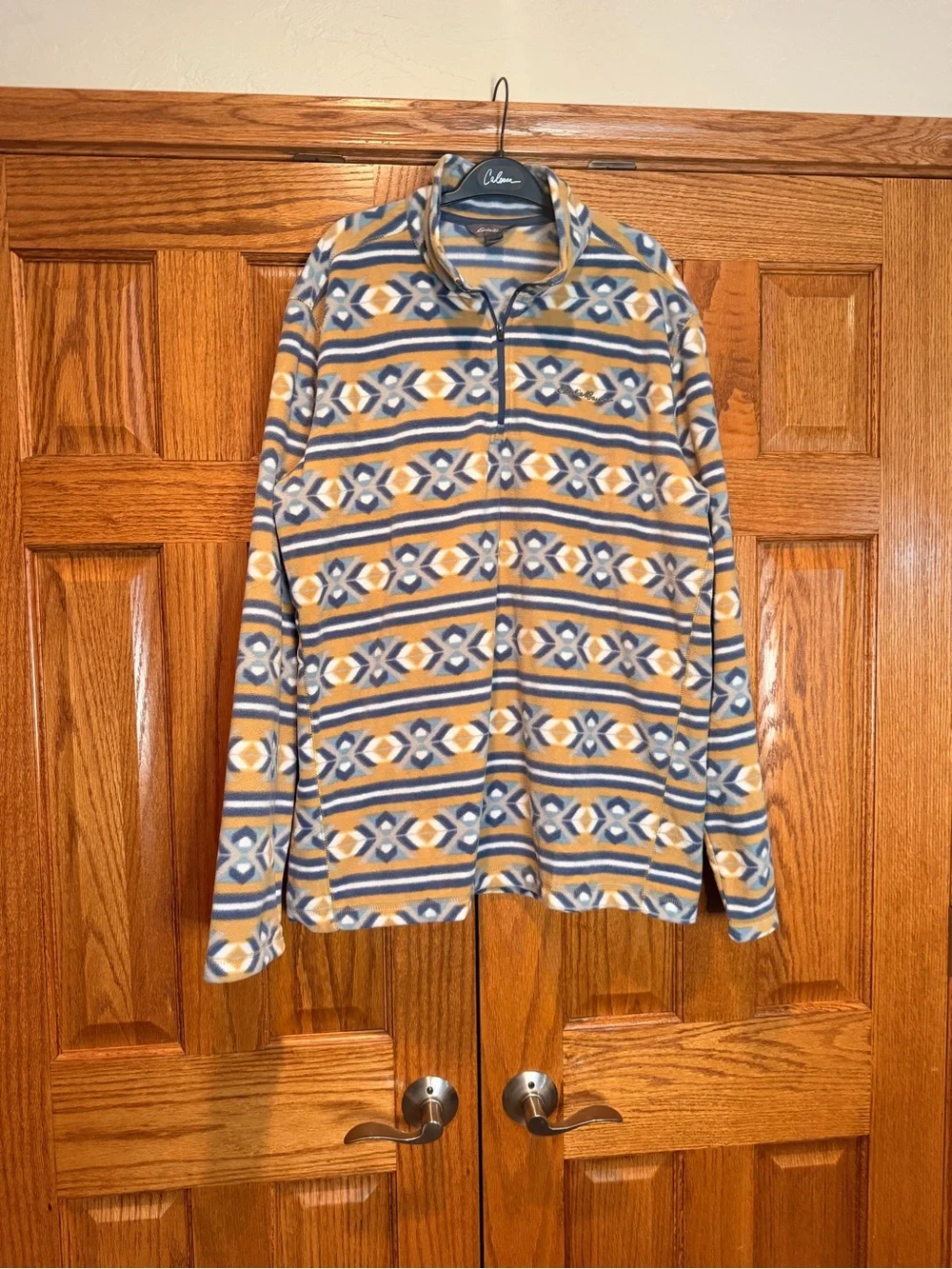 Eddie Bauer Men’s Fleece Quarter‑Zip Jacket in Mustard, Blue, White Pattern